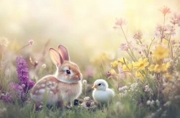 Adorable Young Bunny and Chick Sitting Together Among Colorful Wildflowers in a Serene Spring Meadow Filled with Soft Light and Pastel Colors