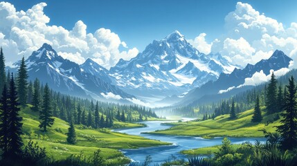 Serene mountain valley with river, lush green meadows, snow-capped peaks, and a clear blue sky.