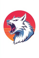 Fototapeta premium A snarling white wolf's head against a vibrant sunset circle.