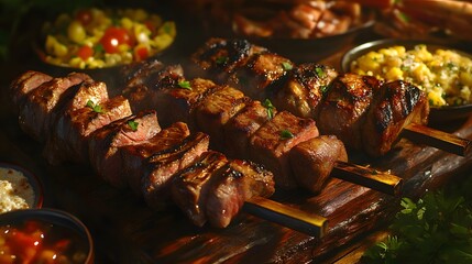 Close-up of Delicious Brazilian Churrasco Skewers on a Wooden Board