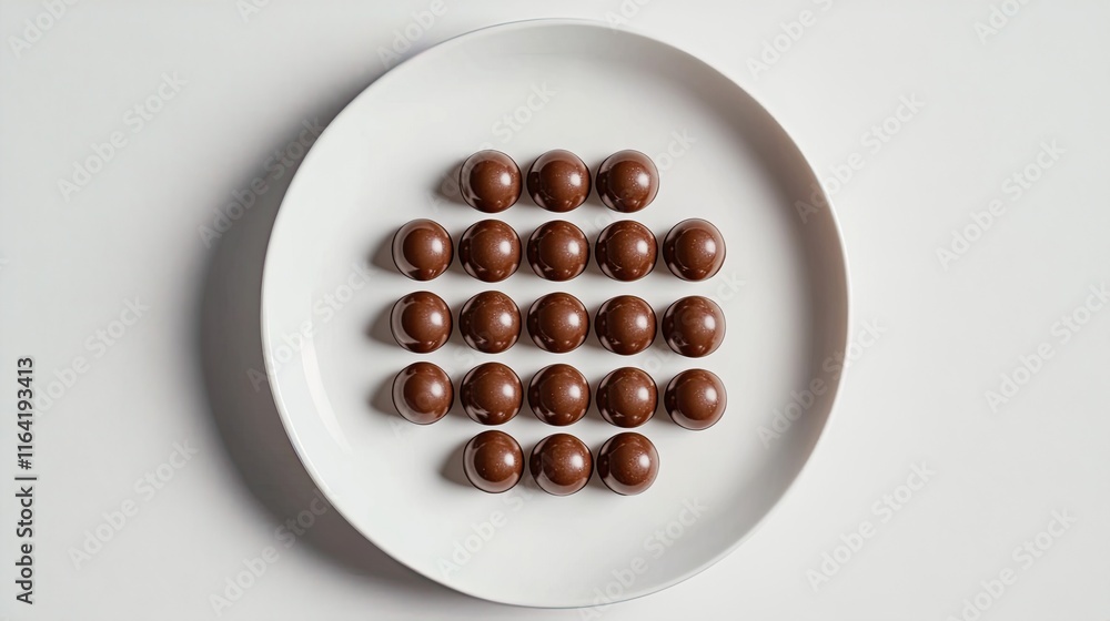 Aufkleber chocolate-covered candies arranged in a grid pattern on a soft white plate, with soft shadows and sp