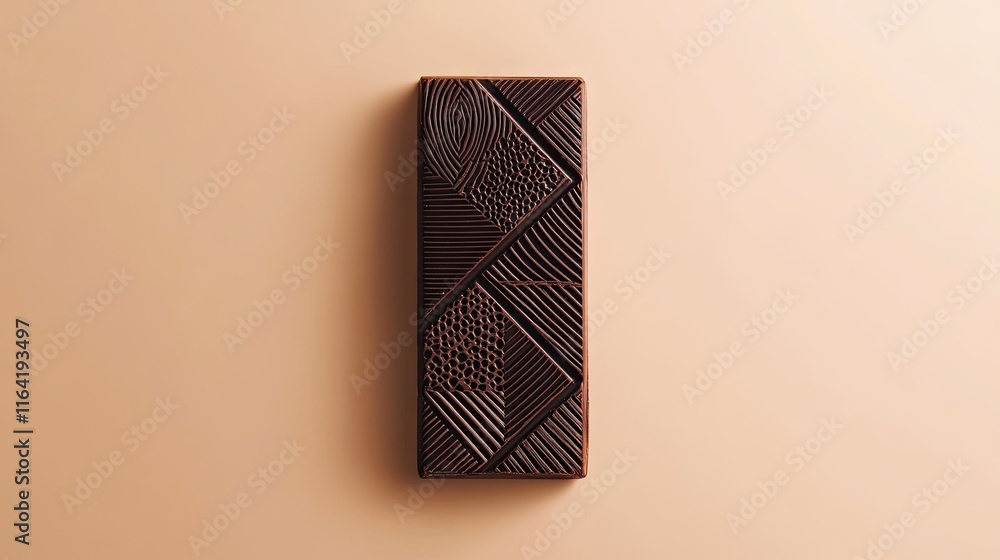 Poster close-up of a dark chocolate bar with intricate patterns, centered on a neutral background.