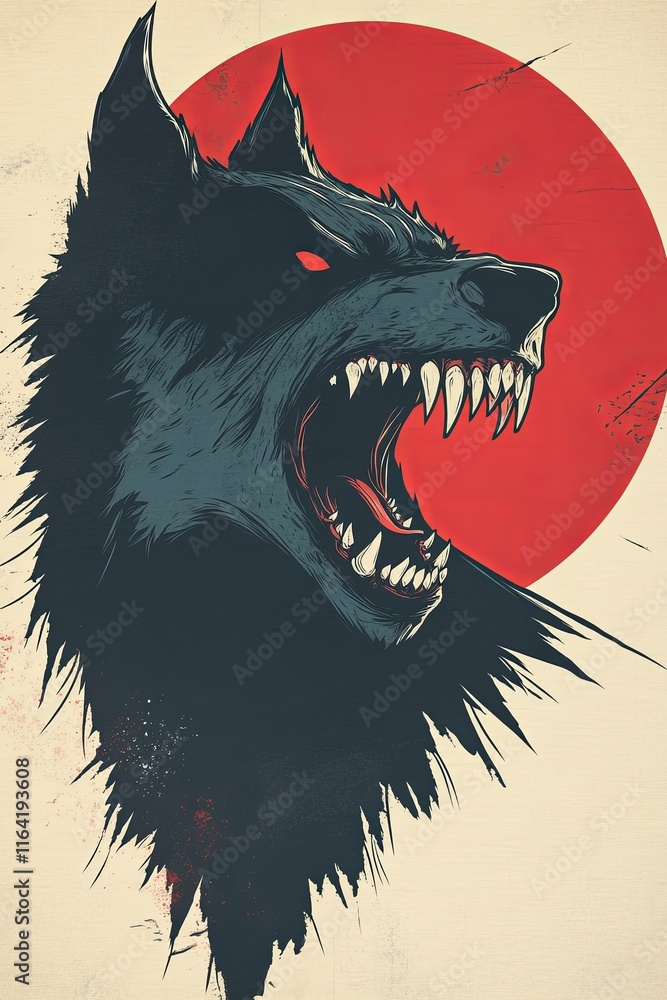 Wall mural A snarling wolf's head illustration against a red sun, depicted in a stylized graphic art style with grunge texture.