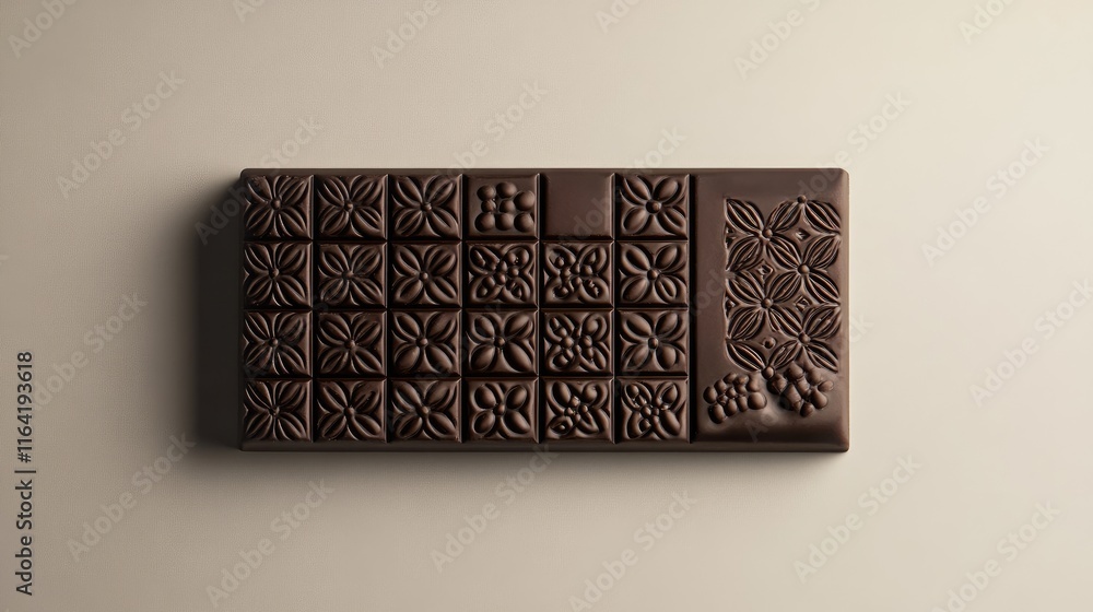 Poster close-up of a dark chocolate bar with intricate patterns, centered on a neutral background.