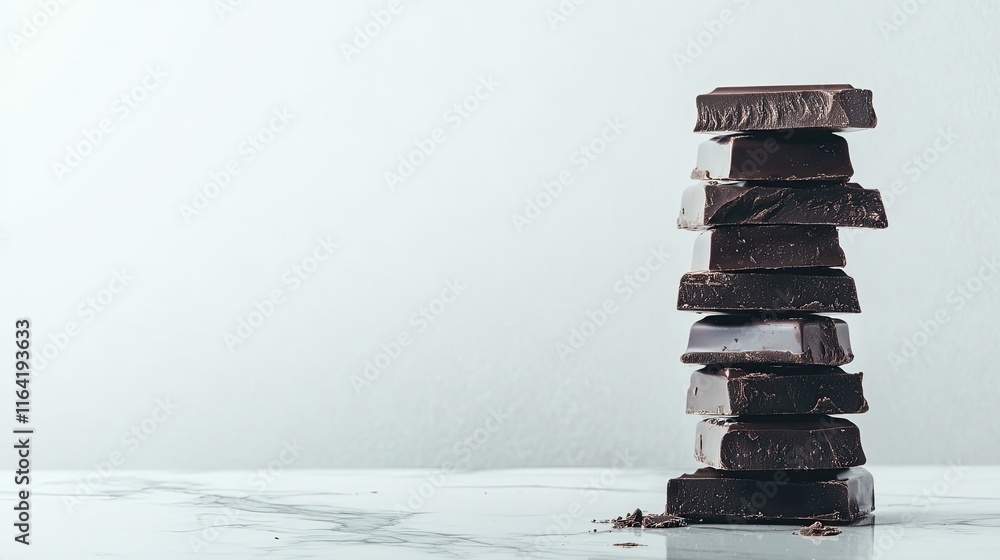 Poster close-up of dark chocolate squares stacked neatly on a white marble surface, surrounded by ample cop