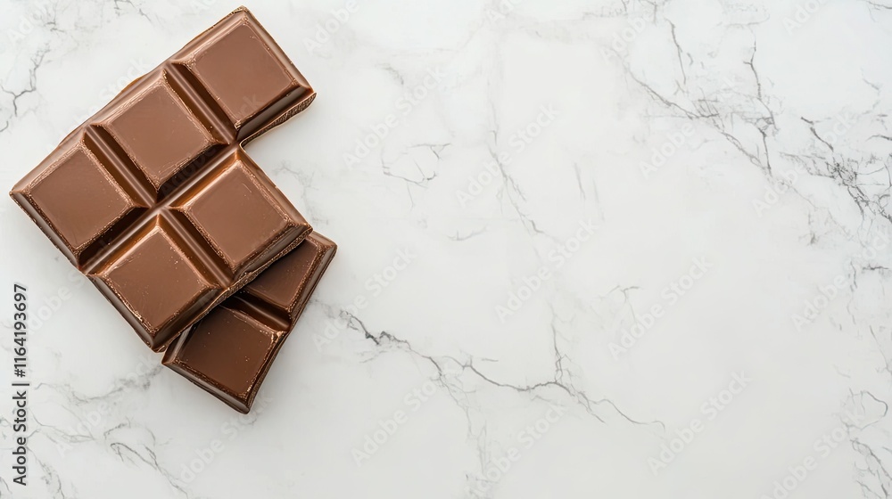 Poster close-up of dark chocolate squares stacked neatly on a white marble surface, surrounded by ample cop