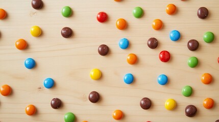 Close-up of assorted chocolate candies scattered across a light wooden surface, with ample negative space.