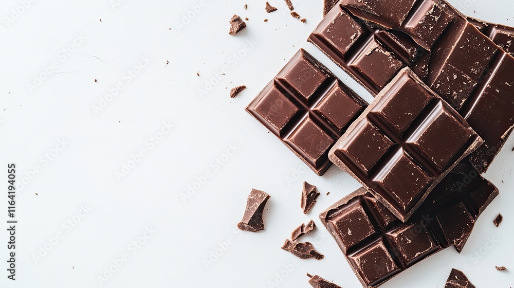 Poster dark chocolate bars stacked unevenly on a simple white background with ample space.
