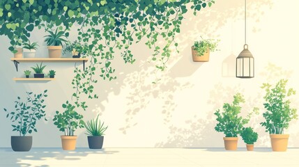 Sunlit patio with potted plants, shelves, and hanging vines.