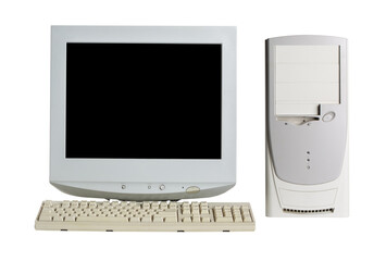 Old retro CRT monitor display, PC and a keyboard isolated on white background