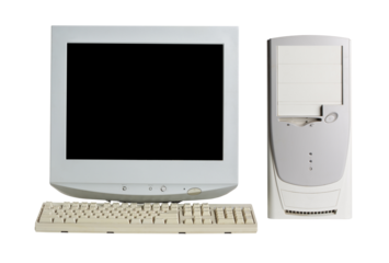 Old retro CRT monitor display, PC and a keyboard isolated on white background