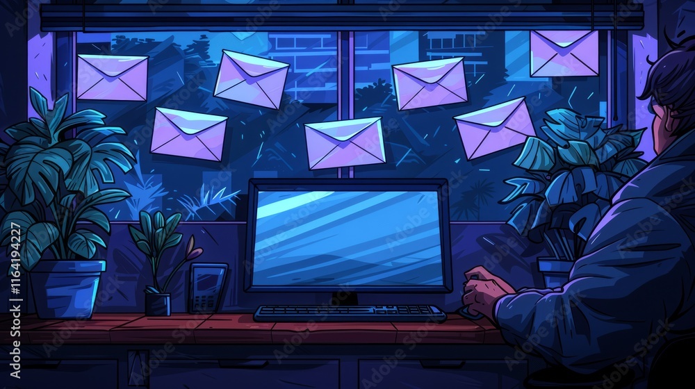 Poster person working late at night on computer with emails displayed on window.