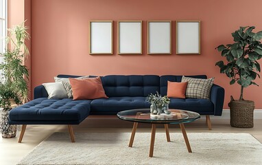Modern living room interior with navy sectional sofa, coral wall, and three empty frames.