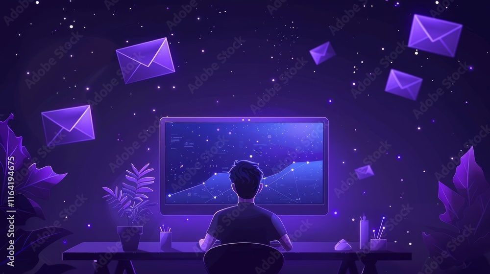 Poster person working late at night, surrounded by emails and data on a computer screen.