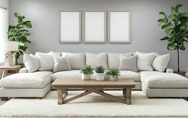 Fototapeta premium Modern living room interior design with beige sectional sofa, wooden coffee table, plants, and three blank frames on gray wall.