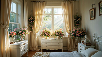 Fototapeta premium Sunlit Floral Bedroom with Elegant Decor and Serene Morning Ambience 