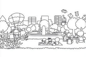 A bustling city park coloring book page with children flying kites, families picnicking on blankets, and musicians performing near a fountain. Include intricate patterns on the kites, flowers 