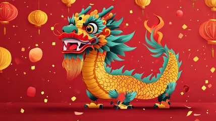 Colorful Festive Chinese New Year Dragon and Lantern
