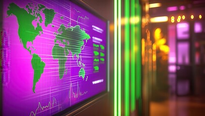 A dynamic office space featuring a glowing purple world map with green financial graphs on a digital screen