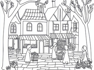 Obraz premium A bustling medieval market square coloring book page with vendors selling fresh produce, fabrics, and handcrafted items. Include villagers browsing stalls, intricate patterns on the goods, and 