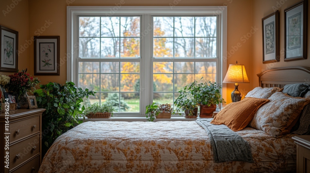 Poster This inviting bedroom features a bed with warm bedding and plants by the window. Sunlight highlights vibrant fall colors outside, creating a calm atmosphere.
