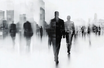 Silhouetted figures walking through a bustling urban environment during the day in a modern city.  A black-and-white double-exposure photograph of business people walking in the city