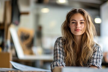 Gen Z girl at an indie film studio, working on a creative project, casual yet stylish outfit, modern and artistic space, focused and innovative setting
