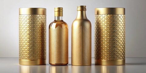 Luxurious beverage packaging with golden foil accents and debossed design elements, embossed, labels,  embossed, labels