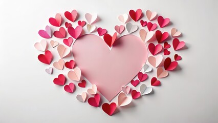 Obraz premium A heart-shaped paper cutout in shades of pink on a white background, red and pink hearts on paper , pink paper hearts designs