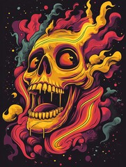 A vibrant, stylized skull engulfed in fiery, swirling flames and smoke against a dark background.