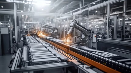Battery manufacturing assembly line showcasing advanced technology and precision engineering, where skilled workers meticulously assemble components to ensure high-performance energy solutions.