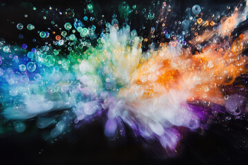 Vivid colors blend in a dramatic display as bubbles burst and float in a swirling mixture of hues. This energetic arrangement captures the essence of creativity and movement. Colorful explosion