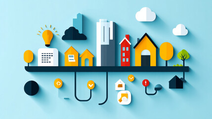 Obraz premium A vibrant, flat design of a cityscape featuring colorful buildings, trees, and clouds, symbolizing urban life and connectivity.