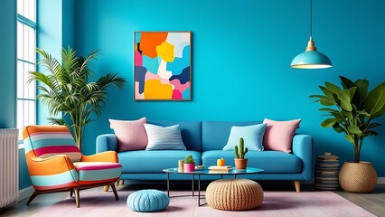 Orange armchair and blue sofa near blue wall with frames. Minimalist, memphis style interior design of modern living room.
