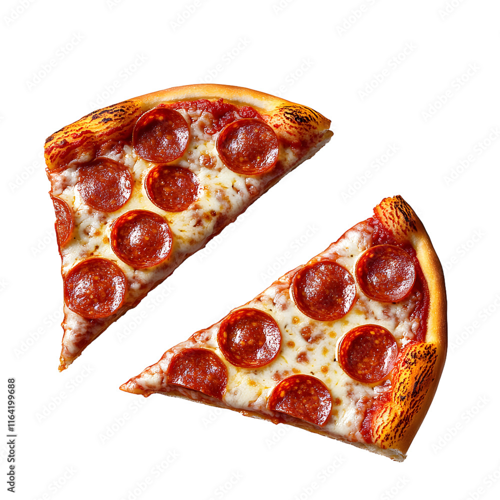 Poster two slices of pepperoni pizza isolated on transparent background generative ai.