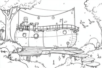 Obraz premium A magical steampunk airship coloring book design featuring gears and pipes decorating its structure, passengers looking out of the windows, and birds flying alongside. Add intricate metal textures 