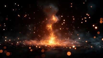 Fiery column of fire with sparks and smoke on dark background.