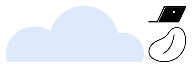 Light blue cloud, black minimalist laptop icon, stylized bean shape suggest technology, data storage, productivity potential. Ideal for cloud services visualization, digital workspaces, innovation