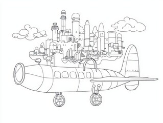 A magical steampunk coloring book scene featuring an airship docked in a floating city, with gears and pipes decorating the buildings. Include characters wearing goggles and top hats, and intricate 