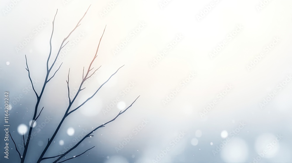 Poster silhouetted branches reach towards a soft, foggy backdrop filled with delicate snowflakes falling ge