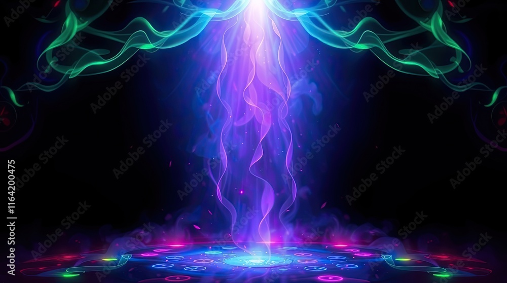Poster vibrant colors and swirling patterns emerge from a central light source, creating a mystical atmosph
