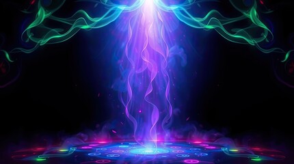 Obraz premium Vibrant colors and swirling patterns emerge from a central light source, creating a mystical atmosphere against a dark backdrop filled with energy