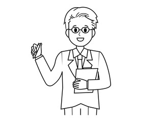 接客をする男性販売員のイラスト　男性のビジネスマンの上半身イラスト