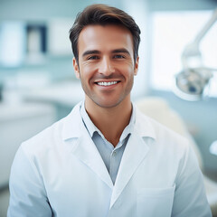 Dentista sorridente em consult&oacute;rio moderno com jaleco branco