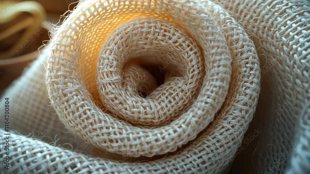 Poster close-up of rolled natural jute fabric showcasing texture and weave patterns in warm light
