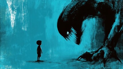 Boy Confronts Mysterious Creature in Dark Surreal Landscape
