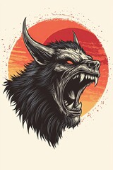 Obraz premium Aggressive werewolf head illustration against a sunset backdrop.