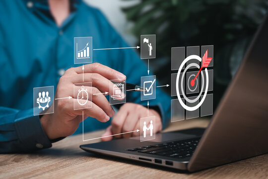 Workflow and work target, Business process automation using a flowchart, Businessman use flow chart management organization of the company to success, Setting corporate growth goals, Strategy steps