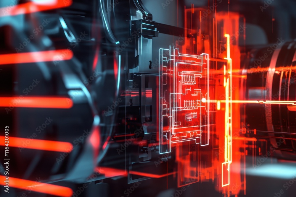 Poster exploring futuristic technology through intricate circuit design and glowing red graphics