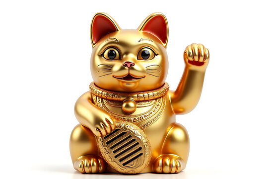 A golden chinese lucky cat waving arm, adorned with intricate ornaments, accessories, and ornate patterns on a clean white background